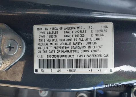 2006 Honda Accord 2.4 Ex from USA, damaged, VIN 1HGCM56856A066852